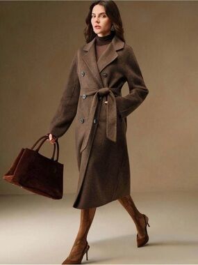 Wool mix Double-Breasted Belted Trench Coat in Deep Brown